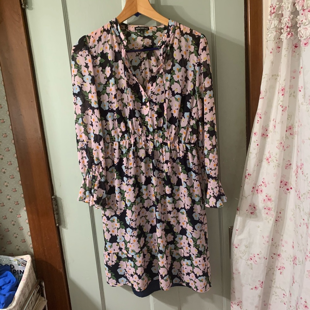 J. Crew Pink and Black Floral Long Sleeve Dress